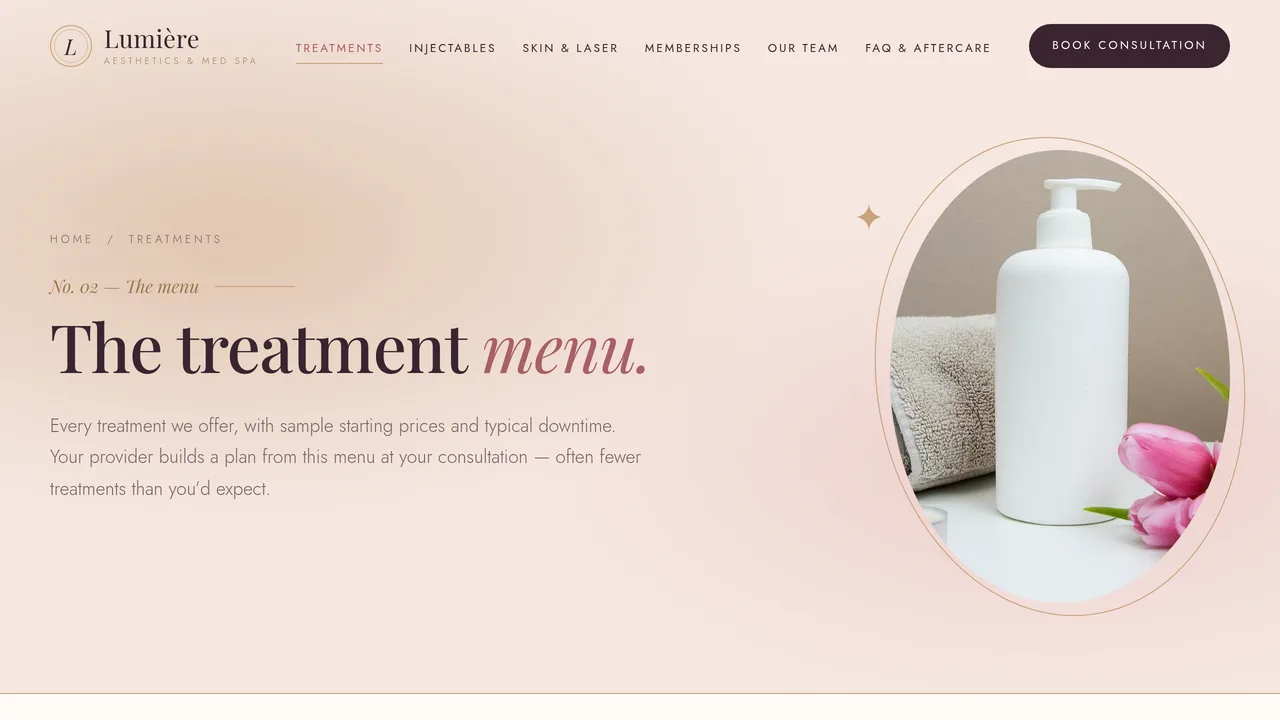 Lumière Aesthetics & Med Spa — Med Spa & Aesthetics Clinic Website (8 Pages) — preview screenshot 2 of 4
