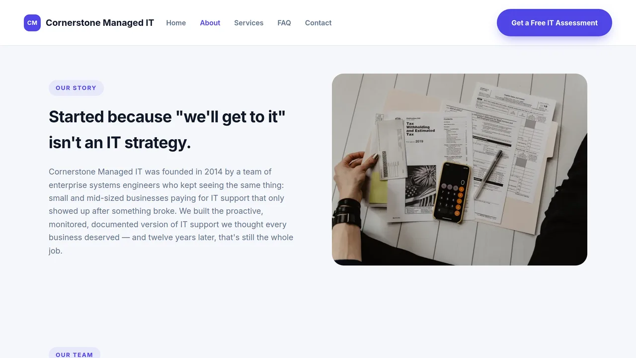 Cornerstone Managed IT — Managed IT Services Company Website (Frontend + Backend) — preview screenshot 2 of 3