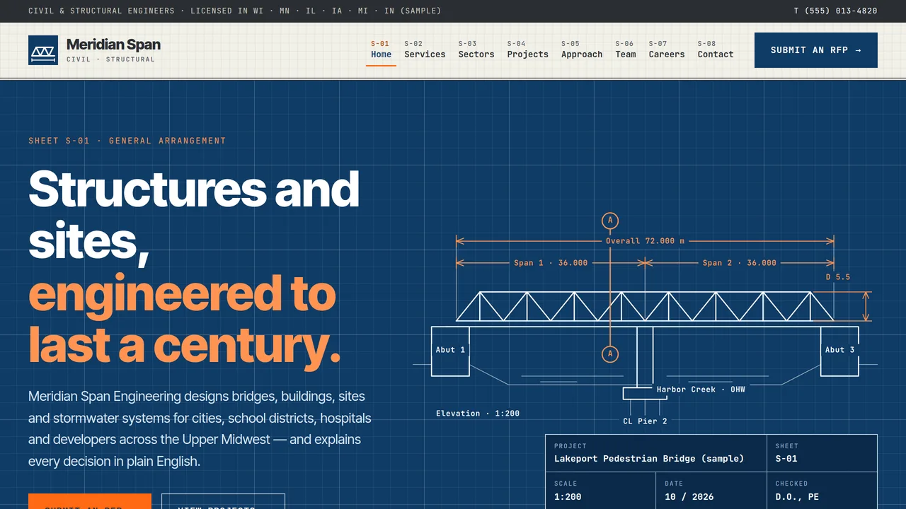 Meridian Span Engineering — Civil & Structural Engineering Firm Website (8 Pages) — preview screenshot 1 of 4