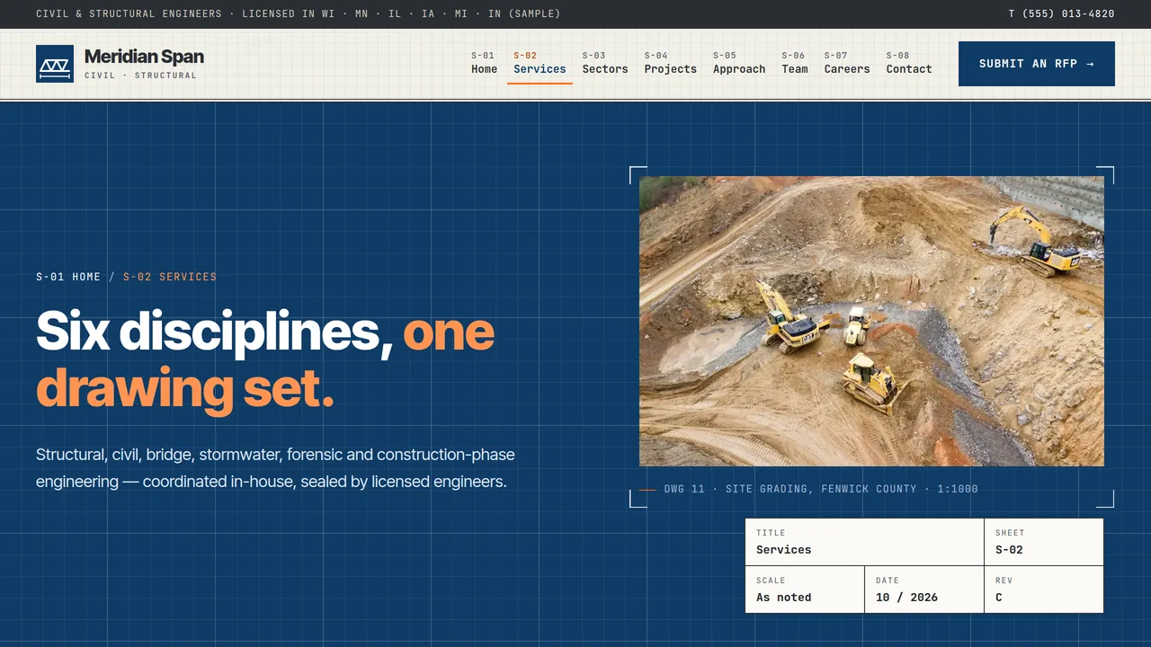 Meridian Span Engineering — Civil & Structural Engineering Firm Website (8 Pages) — preview screenshot 2 of 4