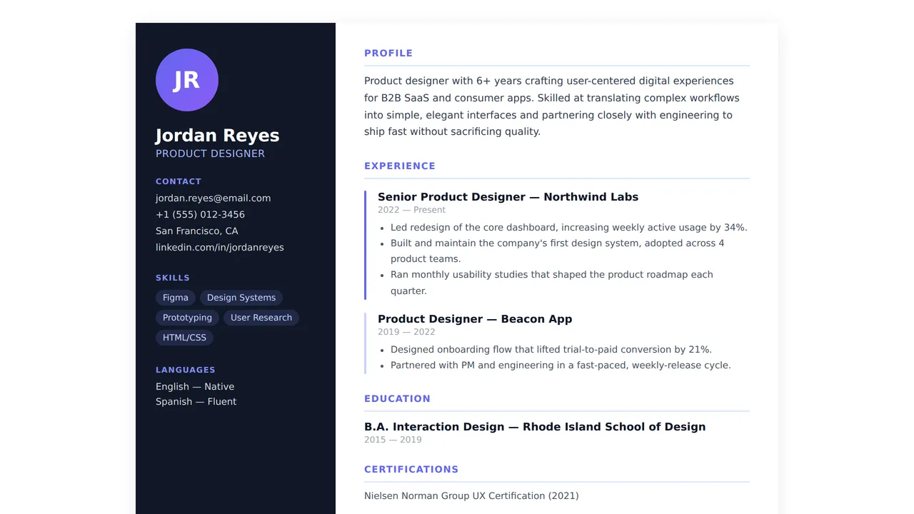 Modern Two-Column CV — Resumes & CVs template preview