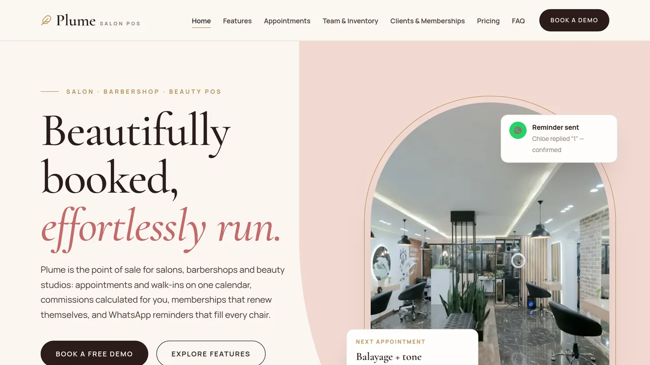 Plume Salon POS — Salon, Barbershop & Beauty POS Software Website (Frontend + Backend) — Dynamic Websites template preview