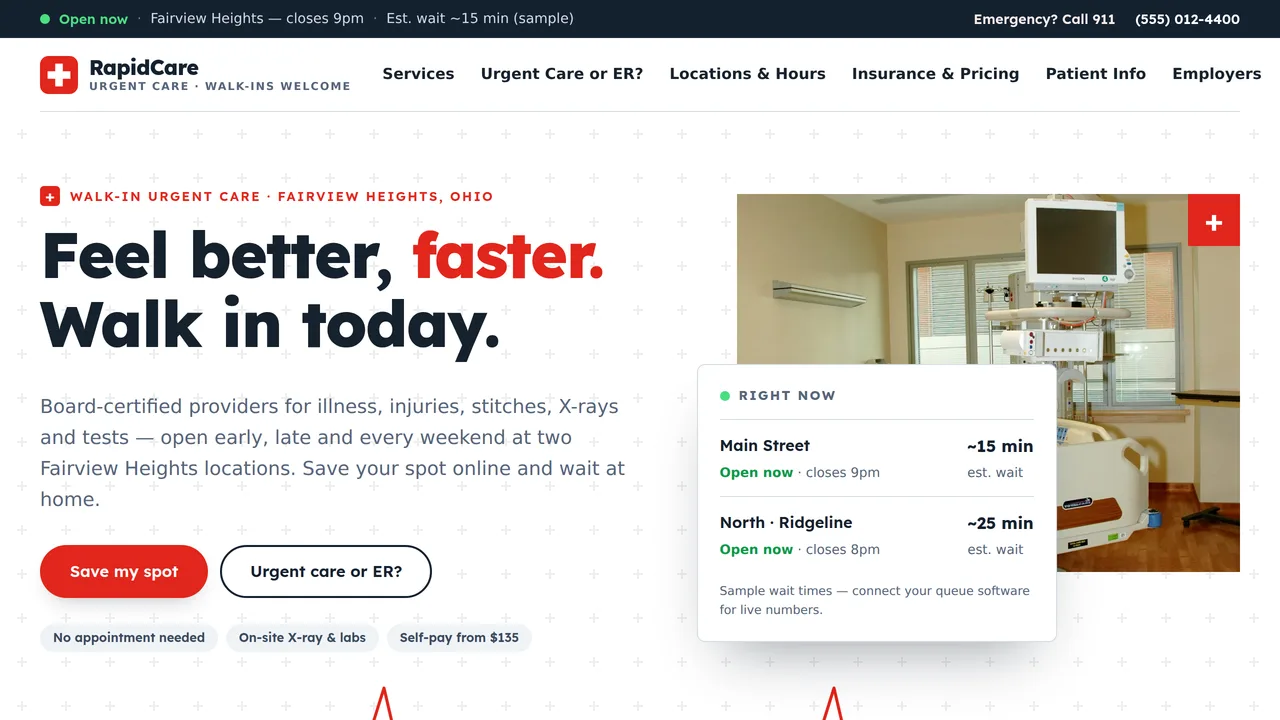 RapidCare Urgent Care — Urgent Care Clinic Website (8 Pages) — preview screenshot 1 of 4