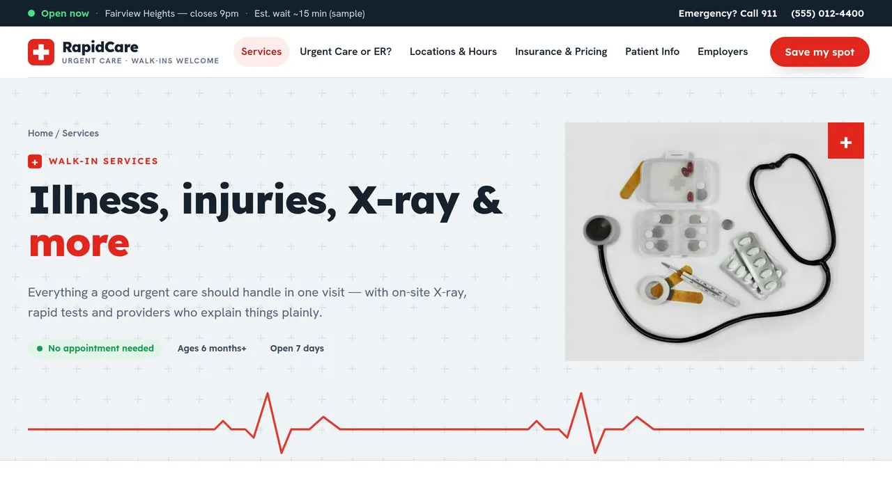 RapidCare Urgent Care — Urgent Care Clinic Website (8 Pages) — preview screenshot 2 of 4