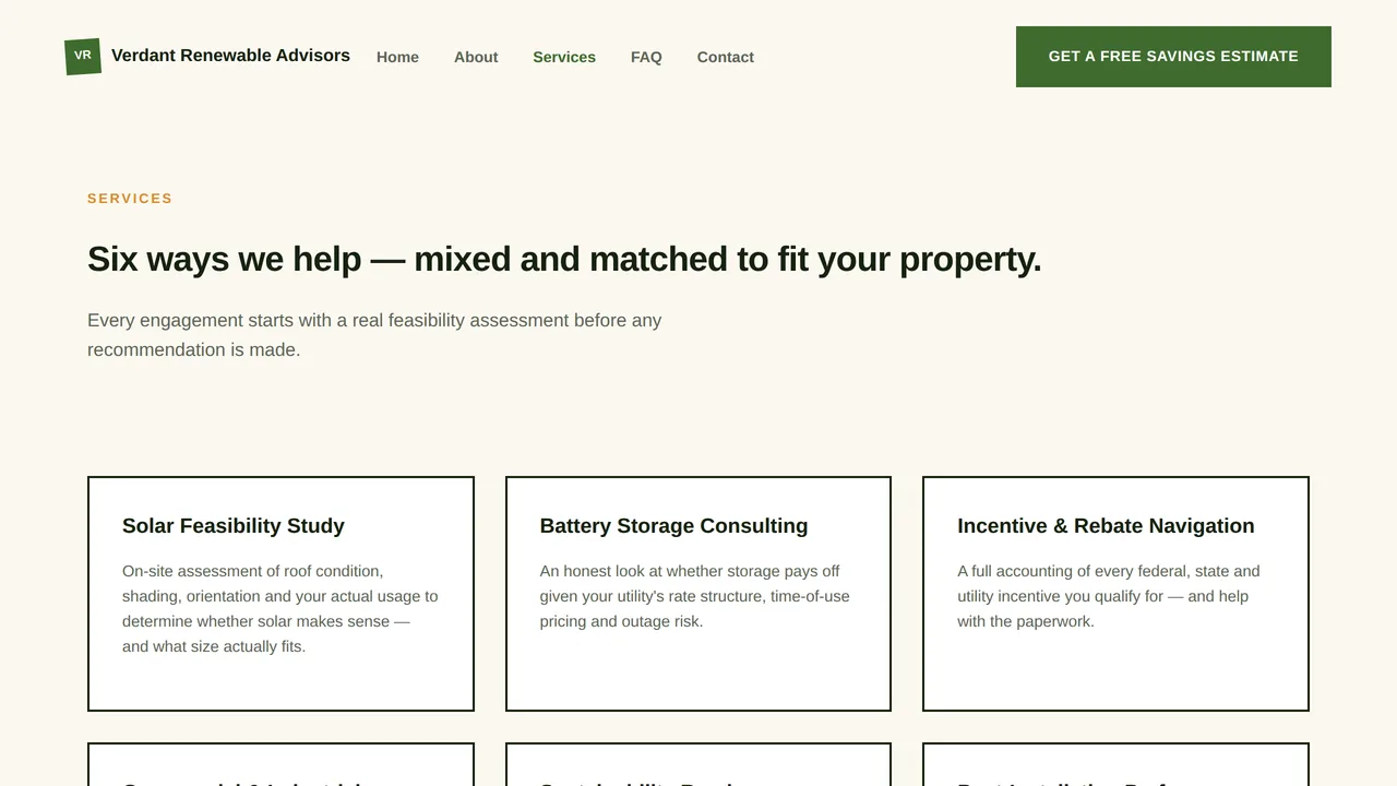 Verdant Renewable Advisors — Renewable Energy Consultancy Website (Frontend + Backend) — preview screenshot 3 of 3