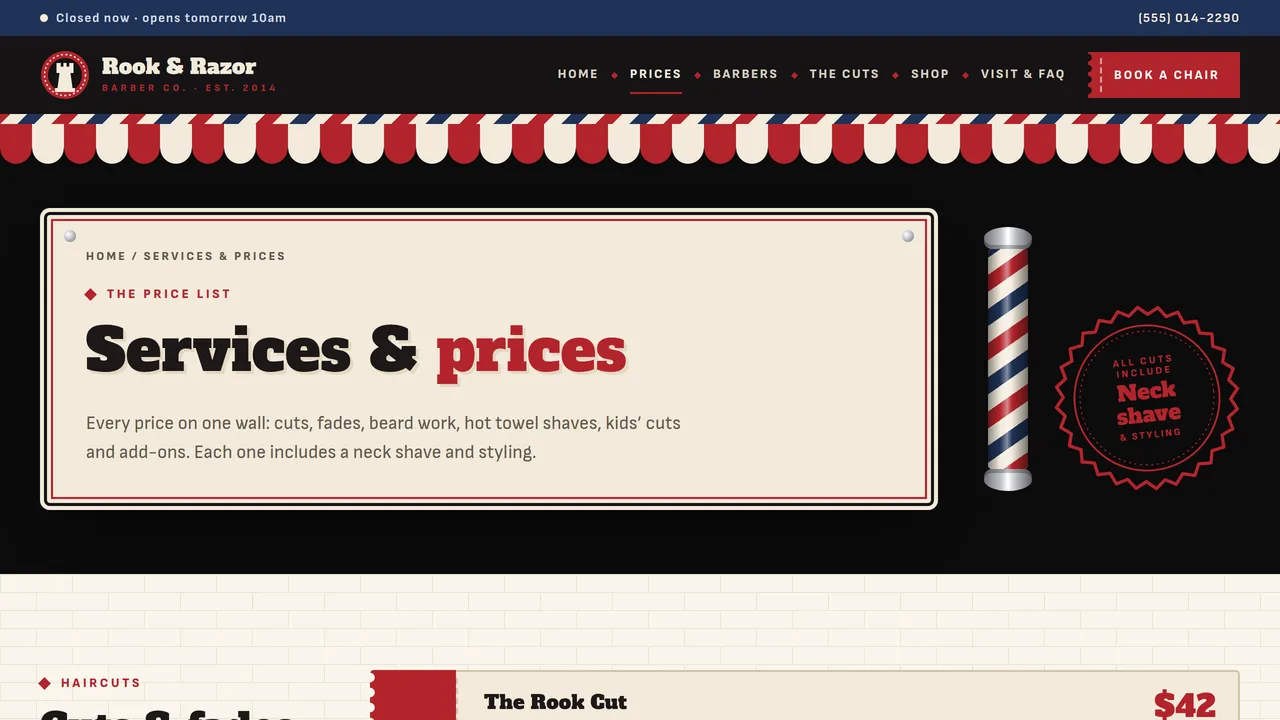 Rook & Razor Barber Co. — Barbershop Website (7 Pages) — preview screenshot 2 of 4