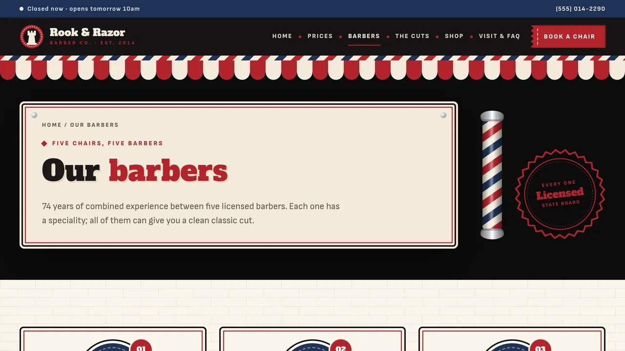 Rook & Razor Barber Co. — Barbershop Website (7 Pages) — preview screenshot 3 of 4