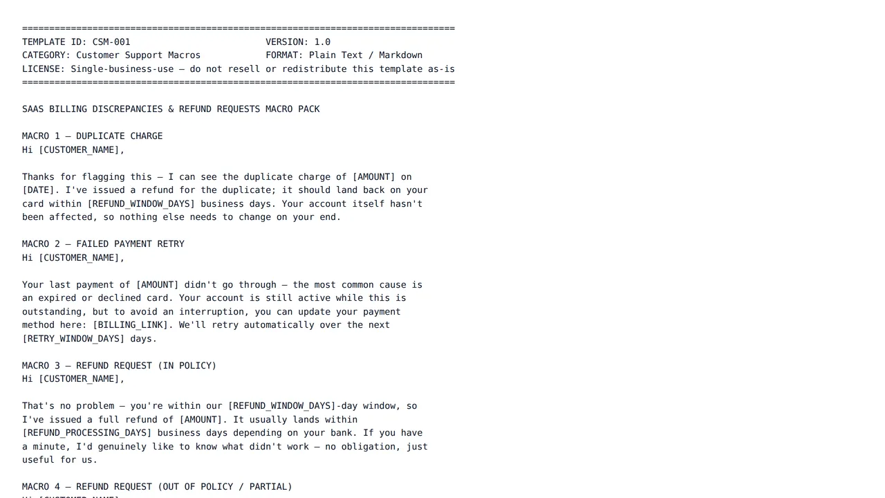 SaaS Billing Discrepancies & Refund Requests Macro Pack — Customer Support Macros template preview