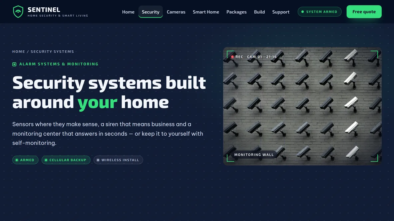 Sentinel Home Security & Smart Living — Home Security & Smart Home Installer Website (8 Pages) — preview screenshot 2 of 4