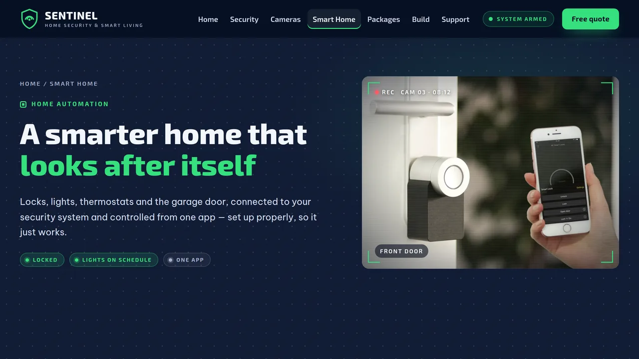 Sentinel Home Security & Smart Living — Home Security & Smart Home Installer Website (8 Pages) — preview screenshot 4 of 4