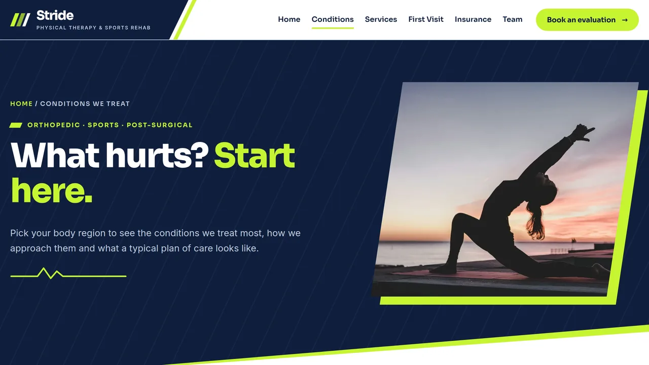 Stride Physical Therapy & Sports Rehab — Physical Therapy Clinic Website (7 Pages) — preview screenshot 2 of 4