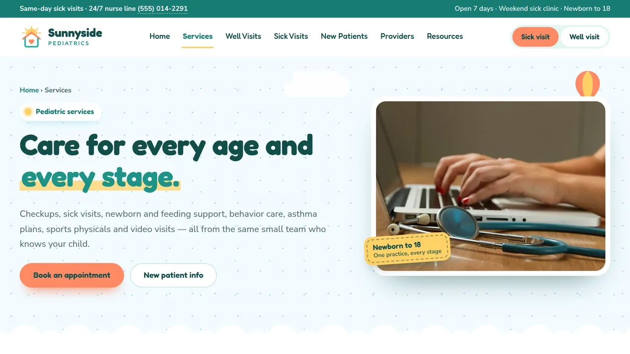 Sunnyside Pediatrics — Pediatric Clinic Website (8 Pages) — preview screenshot 2 of 4