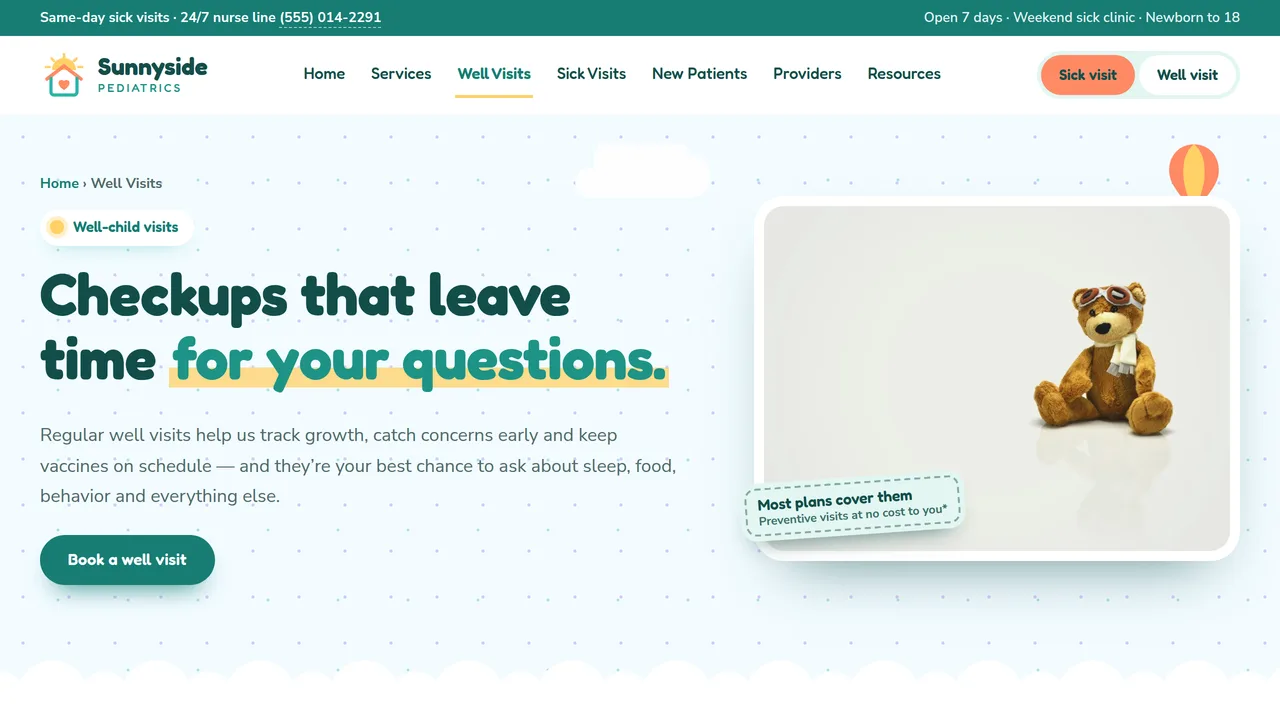 Sunnyside Pediatrics — Pediatric Clinic Website (8 Pages) — preview screenshot 3 of 4