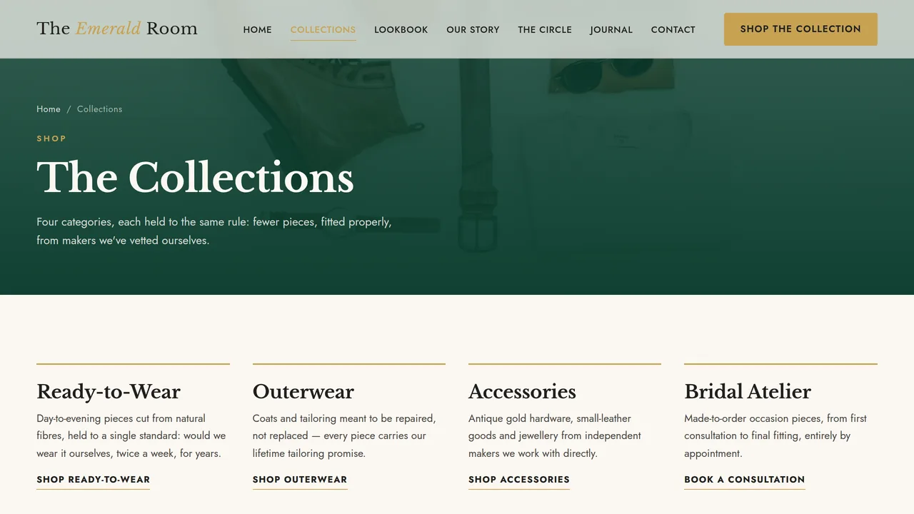 The Emerald Room — Premium Fashion Boutique Website (8 Pages) — preview screenshot 2 of 4