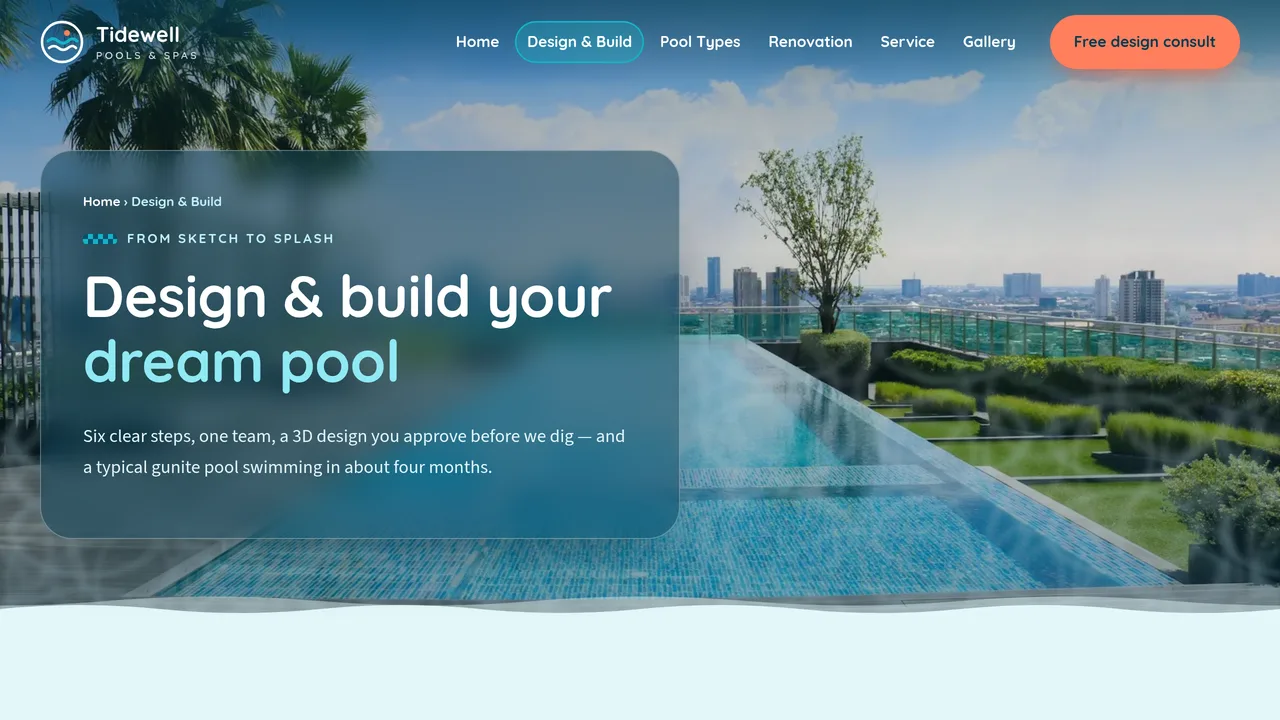 Tidewell Pools & Spas — Pool Builder & Service Website (7 Pages) — preview screenshot 2 of 4