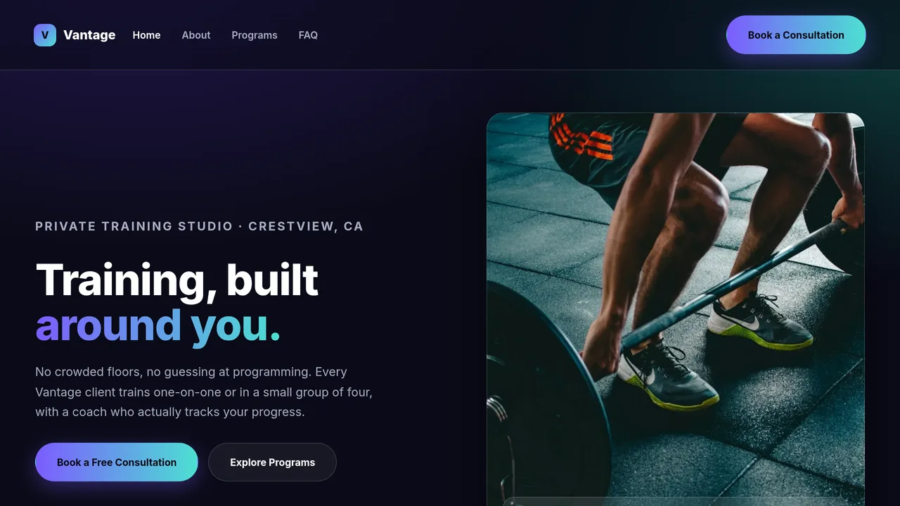 Vantage Performance Studio — Private Personal Training Gym Website (Frontend + Backend) — preview screenshot 1 of 3