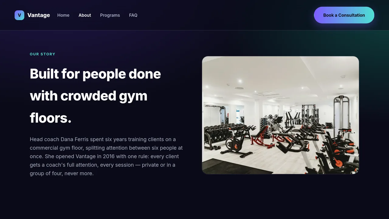 Vantage Performance Studio — Private Personal Training Gym Website (Frontend + Backend) — preview screenshot 2 of 3