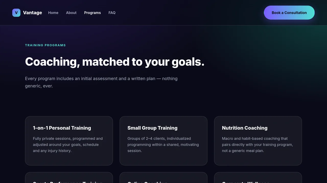 Vantage Performance Studio — Private Personal Training Gym Website (Frontend + Backend) — preview screenshot 3 of 3