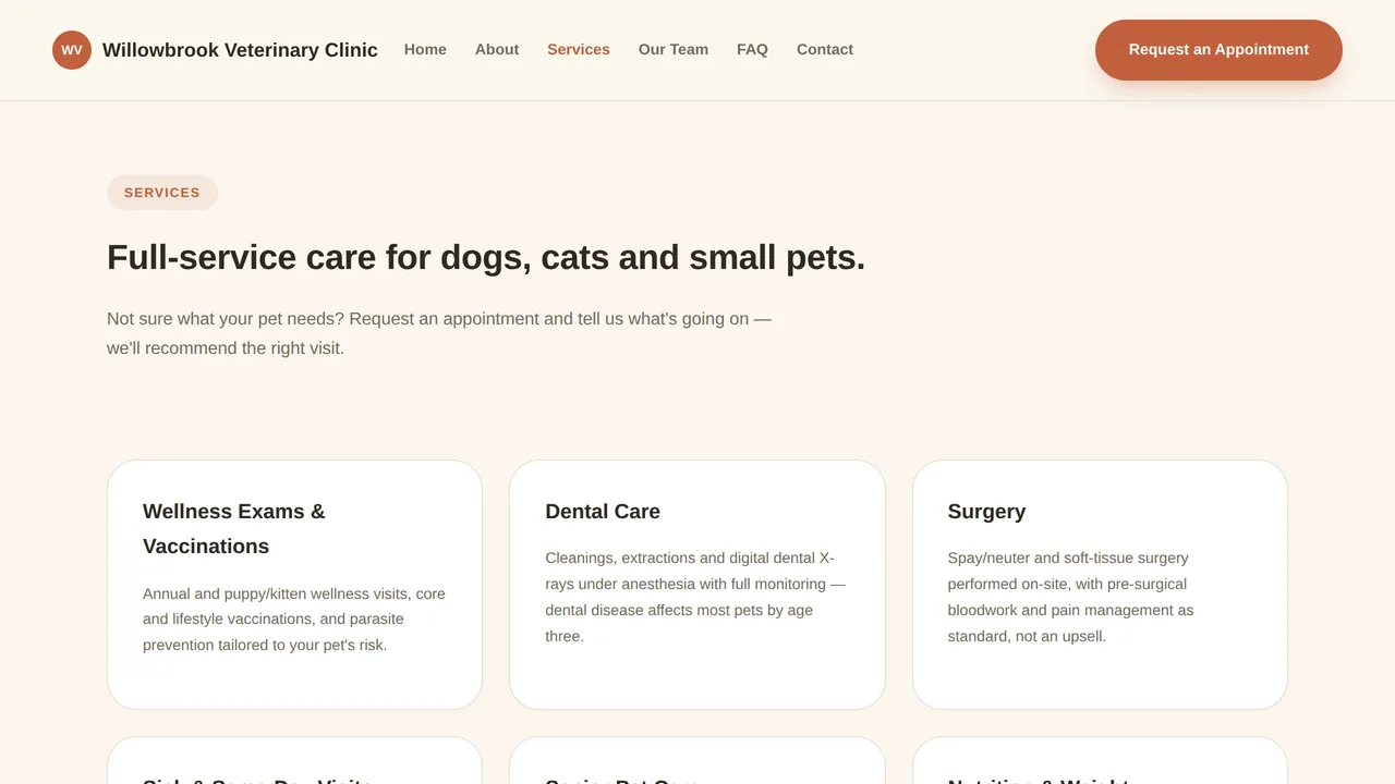 Willowbrook Veterinary Clinic — Veterinary Clinic Website (Frontend + Backend) — preview screenshot 3 of 3