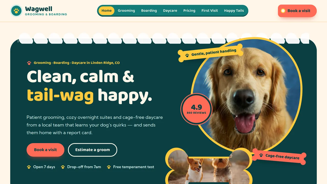 Wagwell Grooming & Boarding — Dog Grooming & Boarding Website (8 Pages) — preview screenshot 1 of 4