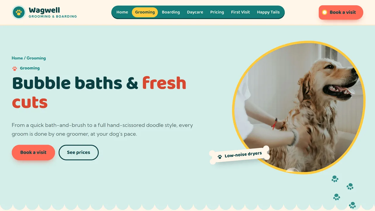 Wagwell Grooming & Boarding — Dog Grooming & Boarding Website (8 Pages) — preview screenshot 2 of 4