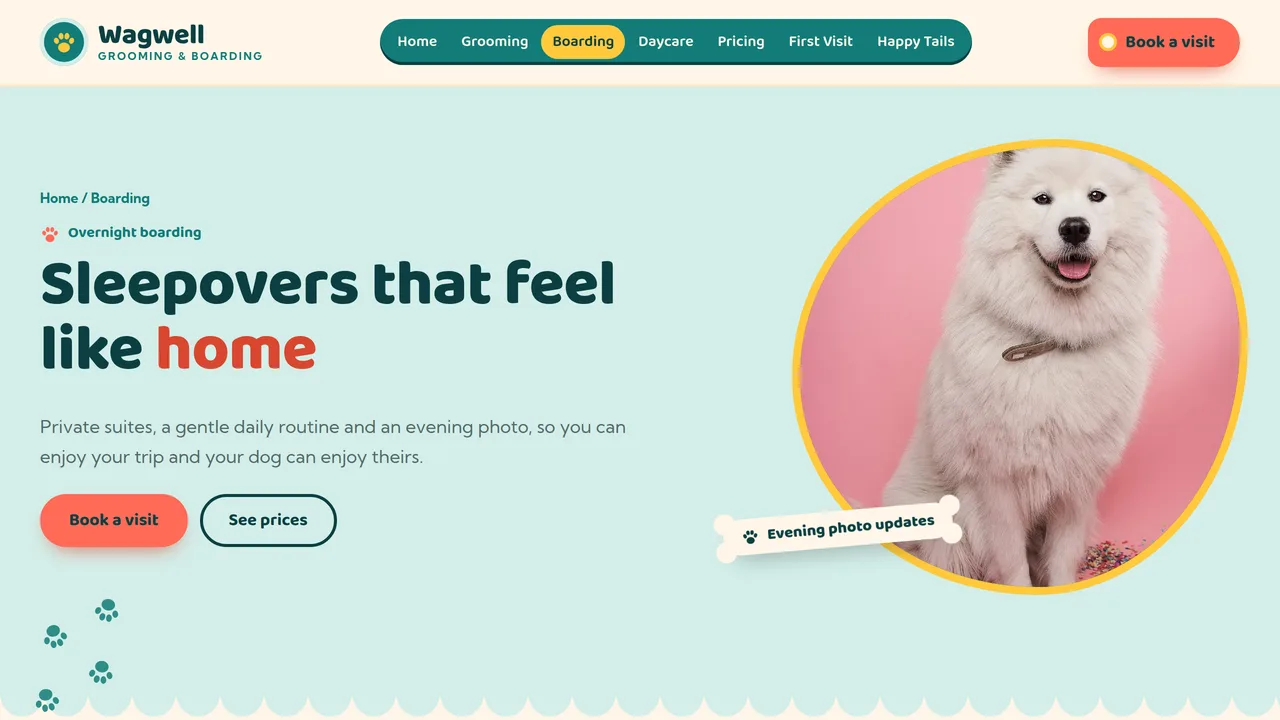 Wagwell Grooming & Boarding — Dog Grooming & Boarding Website (8 Pages) — preview screenshot 3 of 4