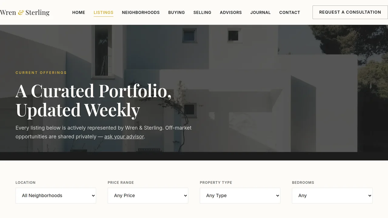 Wren & Sterling — Luxury Real Estate Website (14 Pages) — preview screenshot 2 of 4